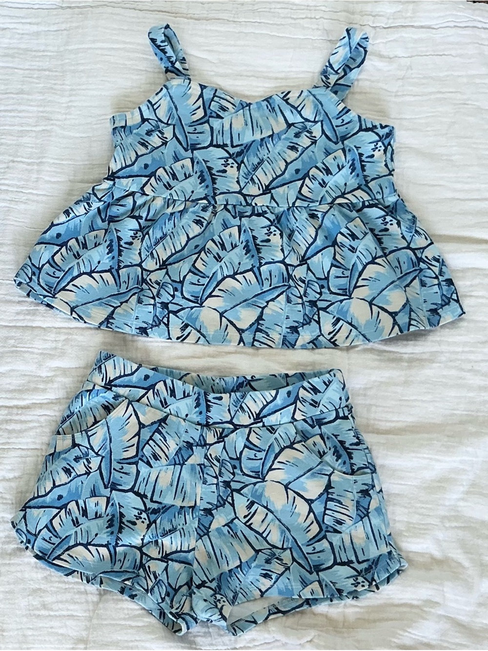 Janie and Jack Light Blue Tropical Leaf Loose Crop Top with Shorts